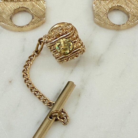 Gold Mesh Swank Cuff Link & Tie Tack set with Rivoli cut yellow stone - Picture 5 of 10